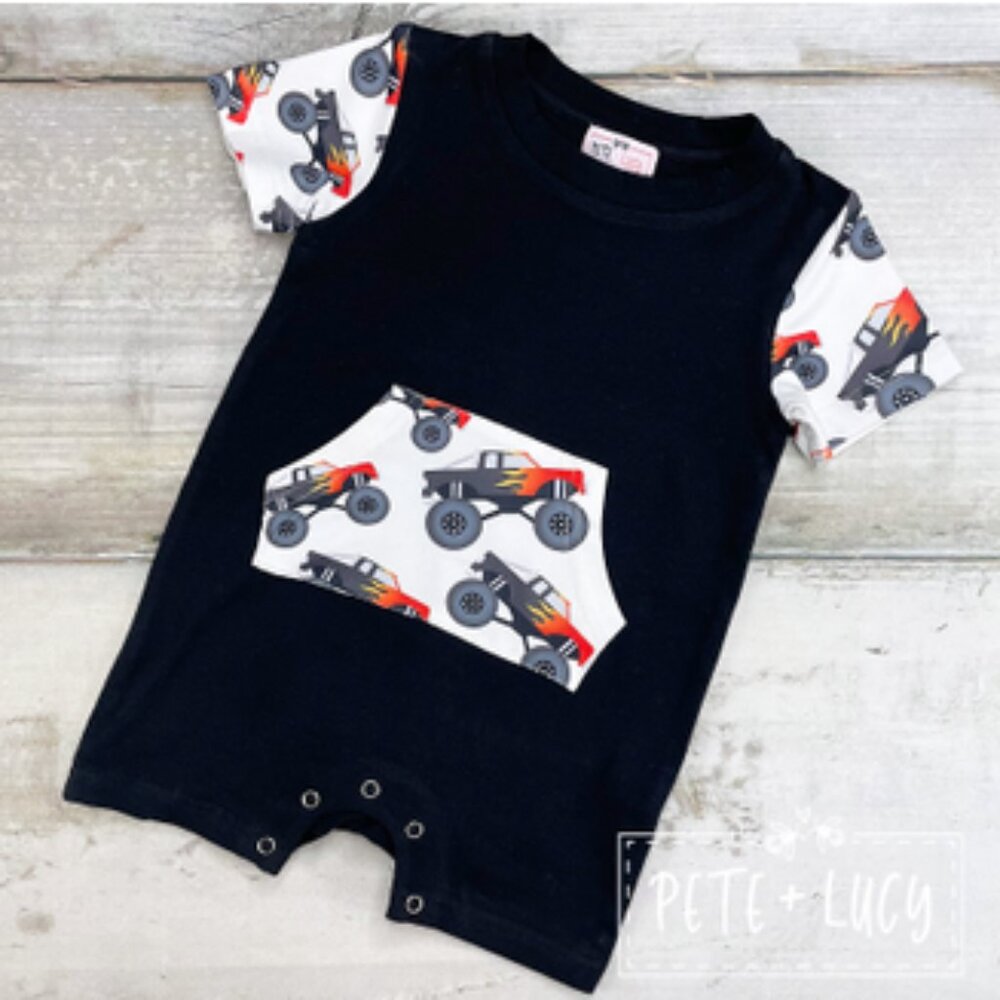 NWT Monster Truck romper by Pete + Lucy